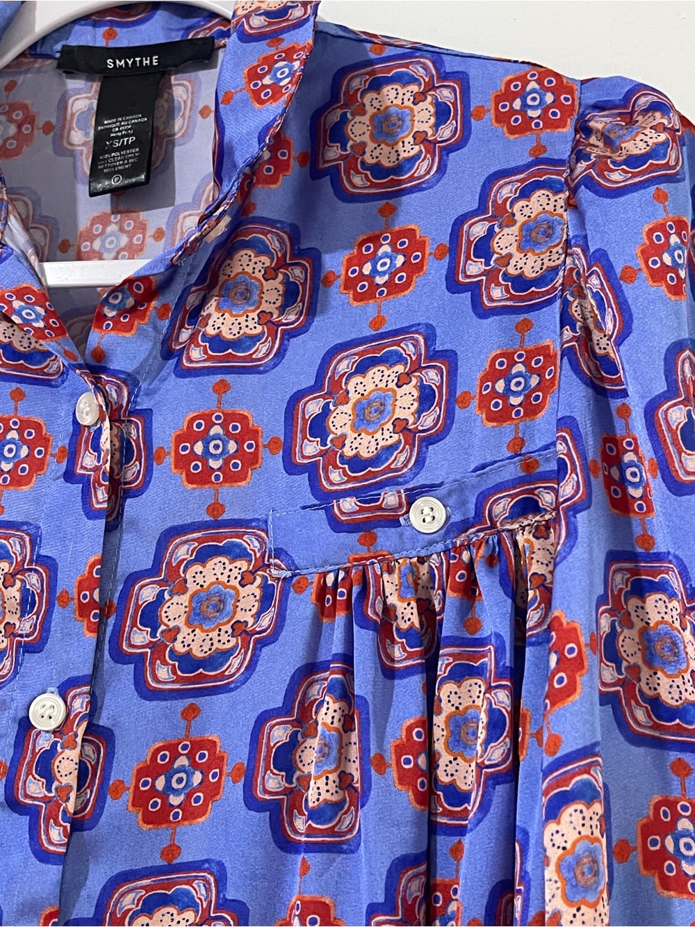 SMYTHE XS Iris Medallion Shirred Pocket Blouse Blue Tile Top - Picture 6 of 10